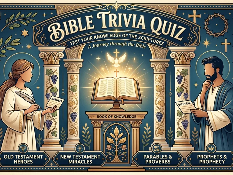 Open Bible with quiz questions — free Bible trivia quiz game