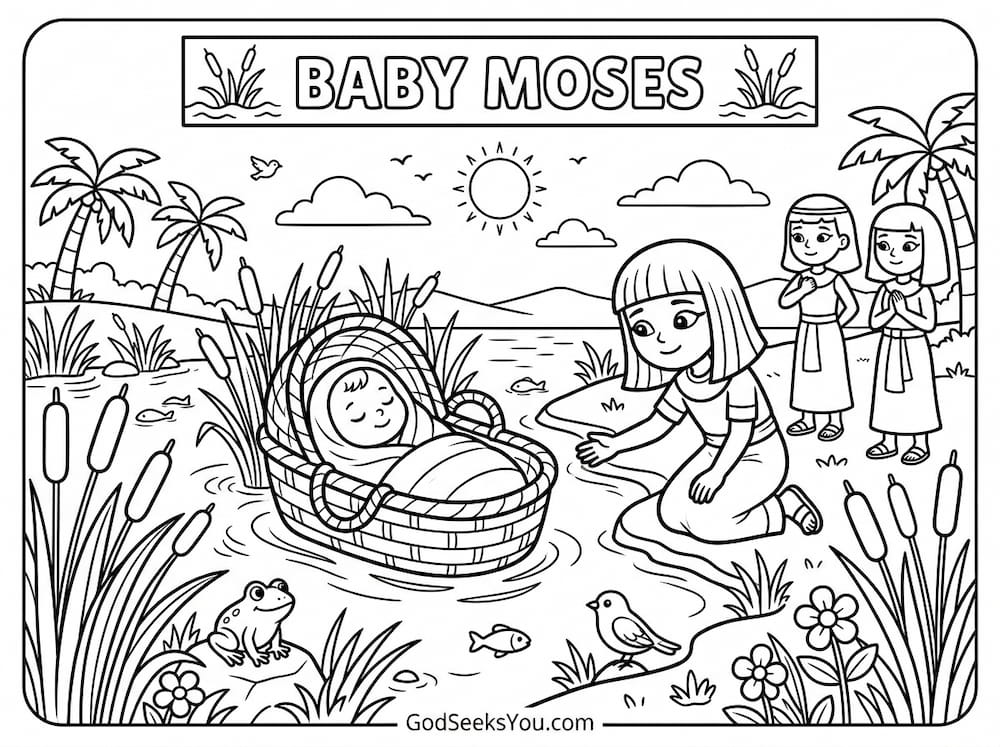 Baby Moses in the Basket — free printable Bible coloring page