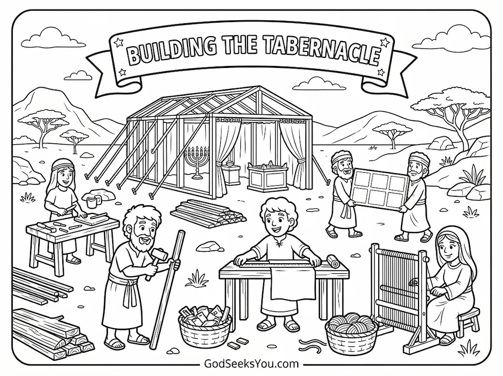 Building the Tabernacle — free printable Bible coloring page
