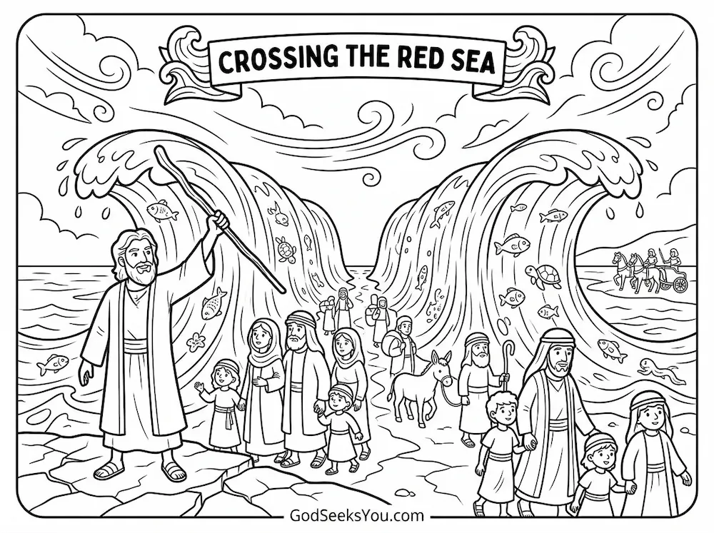 Crossing the Red Sea — free printable Bible coloring page