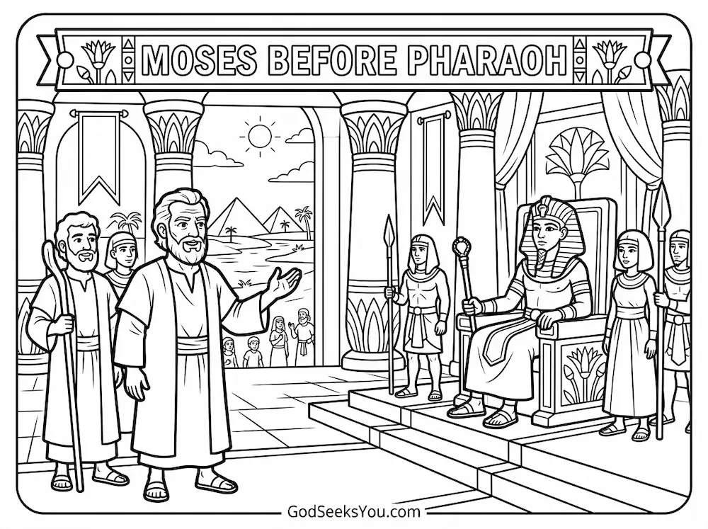 Moses Before Pharaoh — free printable Bible coloring page