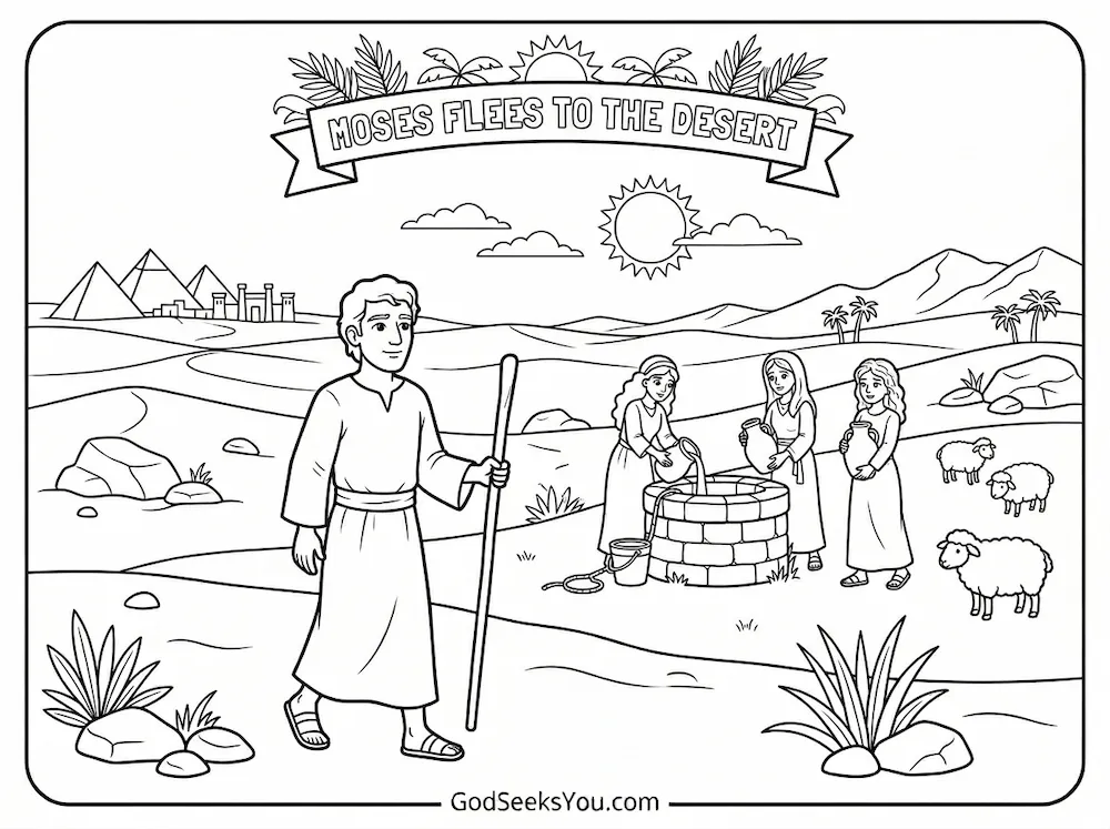 Moses Flees to the Desert — free printable Bible coloring page