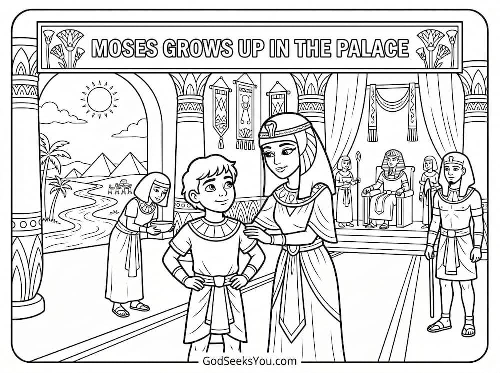 Moses Grows Up in the Palace — free printable Bible coloring page