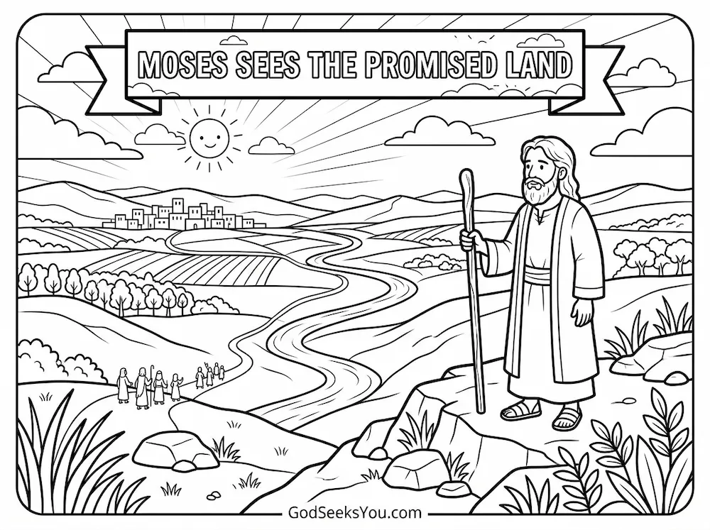 Moses Sees the Promised Land — free printable Bible coloring page