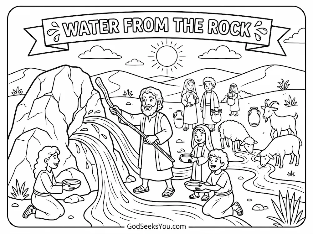 Water from the Rock — free printable Bible coloring page