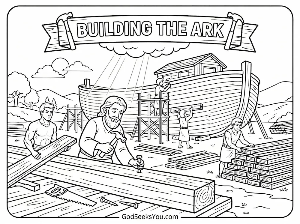 Building the Ark — free printable Bible coloring page