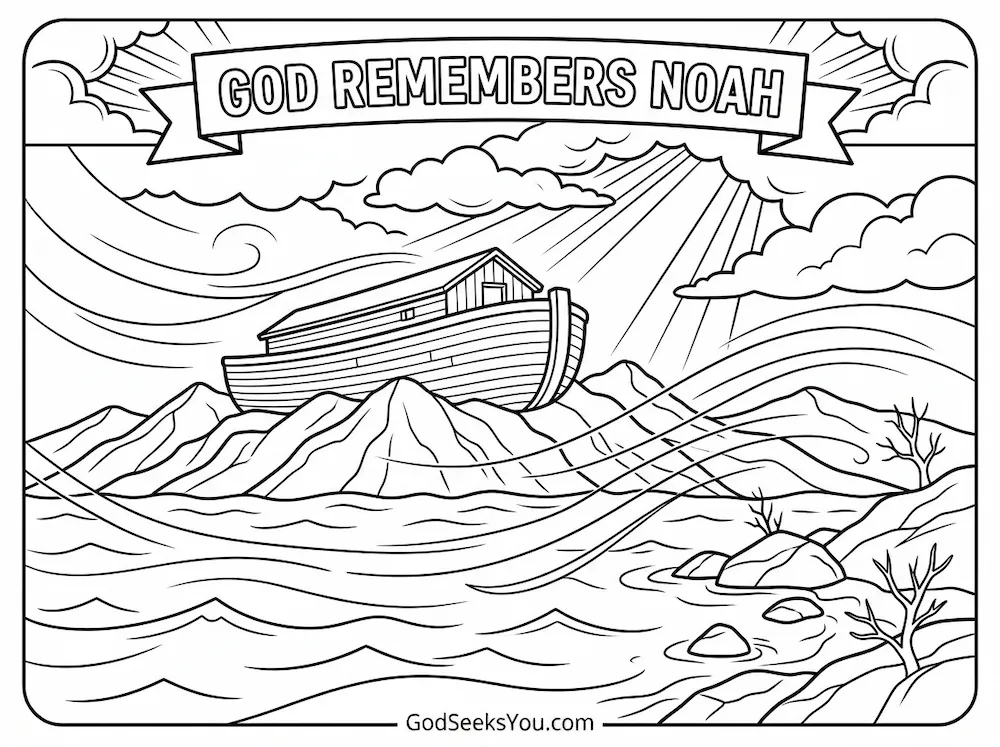 God Remembers Noah — free printable Bible coloring page