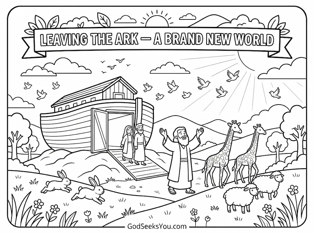 Leaving the Ark — A Brand New World — free printable Bible coloring page
