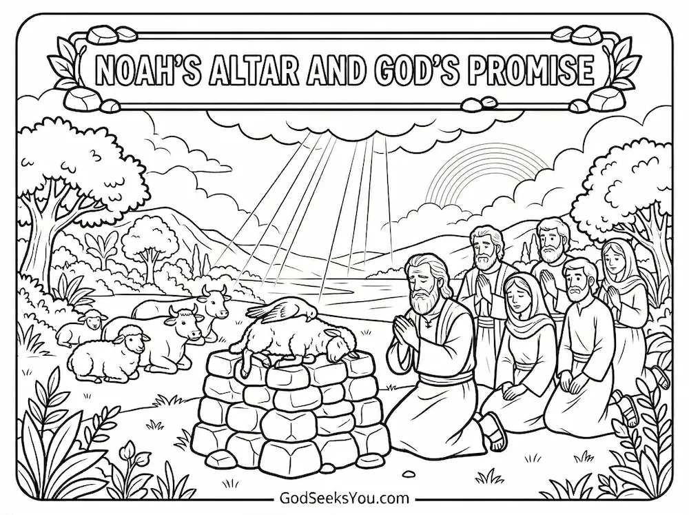 Noah's Altar and God's Promise — free printable Bible coloring page