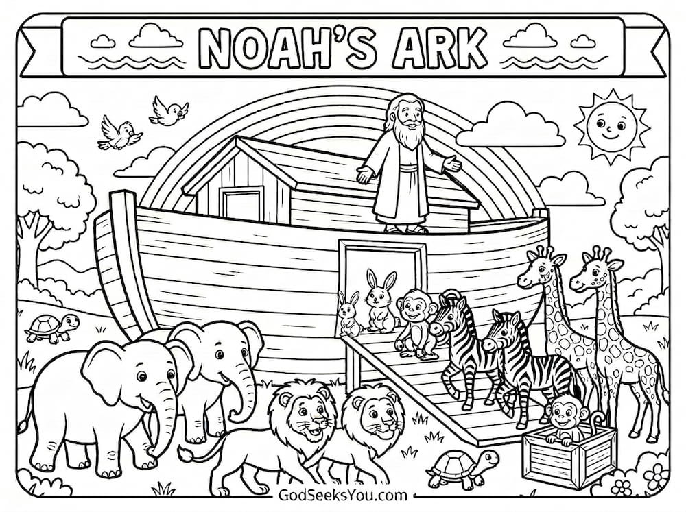The Animals Come Two by Two — free printable Bible coloring page
