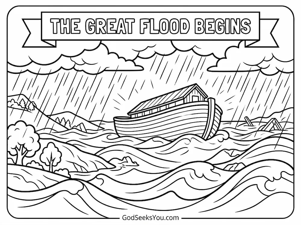 The Great Flood Begins — free printable Bible coloring page