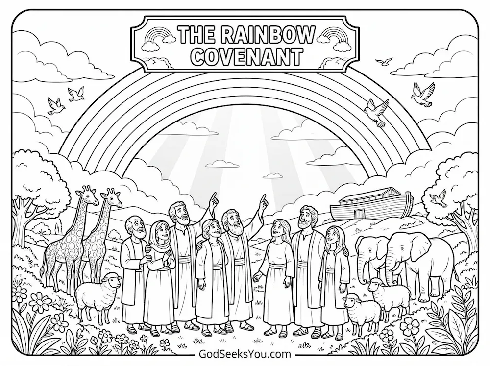 The Rainbow Covenant — free printable Bible coloring page